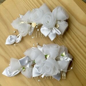 VTG Two Wedding Bridal Hair Combs 5.5 Inch Floral White Satin Rose Faux‎ Pearls